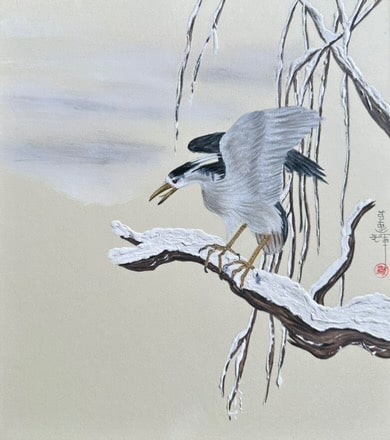 Heron with snow (24 x 27 cm)