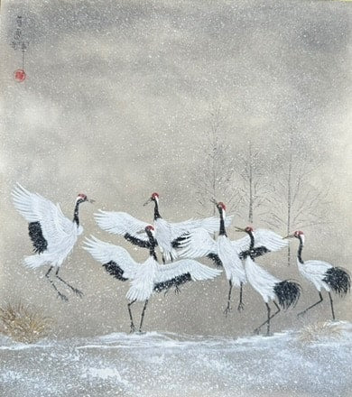 Cranes with snow (24 x 27 cm')