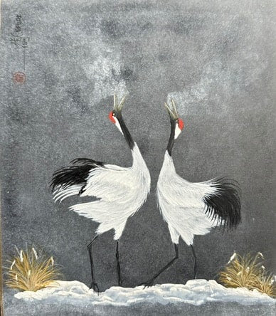 Cranes with snow in the night (18 x 21 cm)