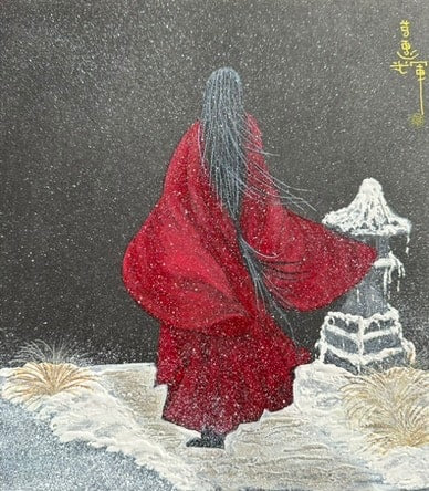 snow lady with the red dress The bloody Countess Batory. girl like gorgeous flower, rosebuds fall on white and cold snow, lady