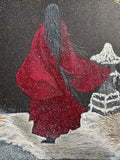 Lady in red with snow (24 x 27 cm)