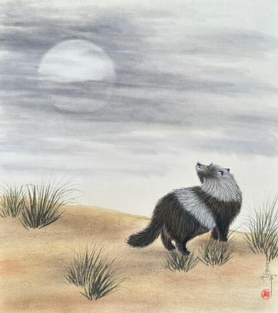 Tanuki with moon and clouds (24 x 27 cm)