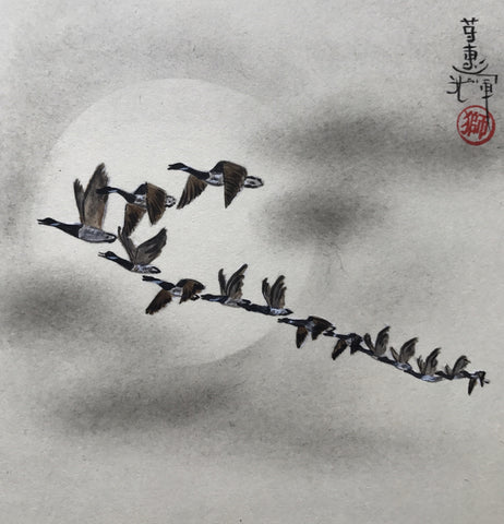 Moon with clouds and geese (12 x 13,5 cm)